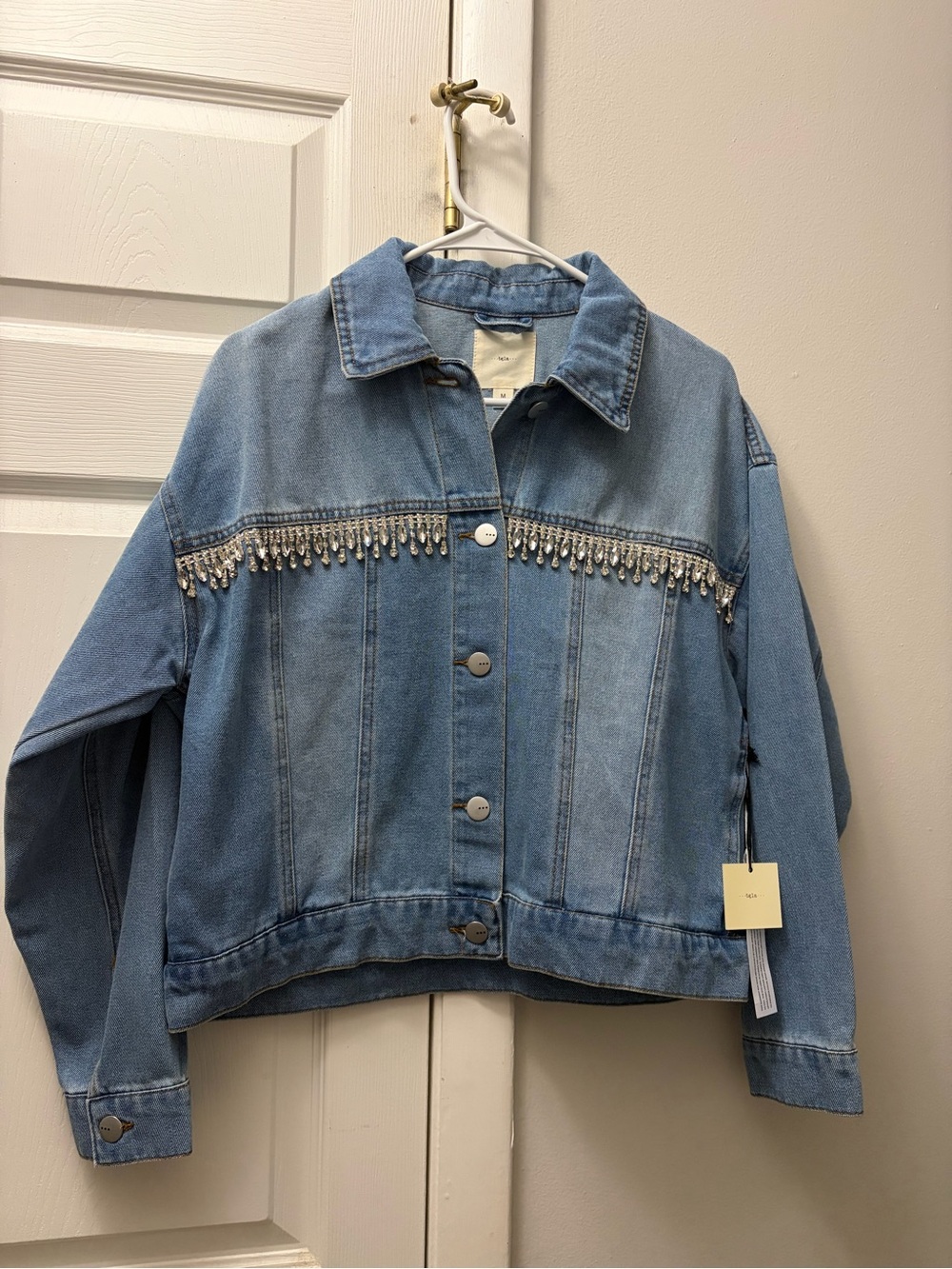 Francesca's Collections Light Blue Denim Jacket with Silver Beaded Trim